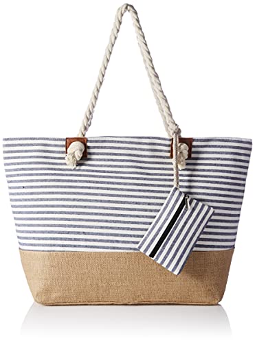 Amazon Brand - Hikaro Bolso de playa grande impermeable con cremallera Rayas azul oscuro