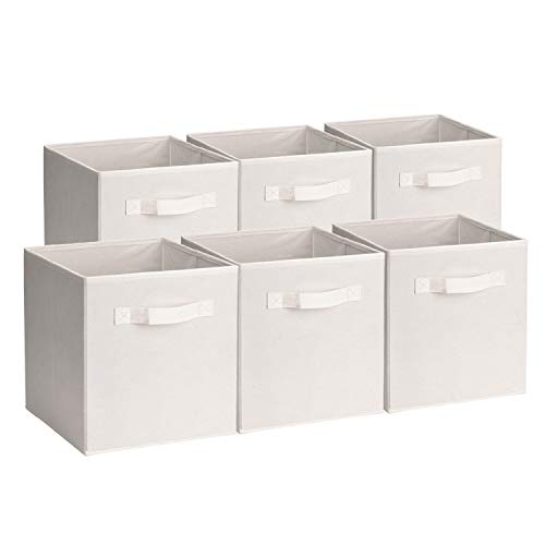 Amazon Brand – Umi Cajas de casetes plegables no tejidas,6 organizadores de cestas de cubo plegables con organizador de almacenamiento de asas dobles para el hogar,la oficina,la guardería,beige