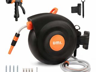 Amazon Brand - Umi Carrete de Manguera de Jardín 25M, 1/2" y 3/4" BSP, Soporte de Pared Rotación de 180 °, Sistema de Rebobinado Automático con Bloqueo de Cualquier Longitud, Portamangueras Pared