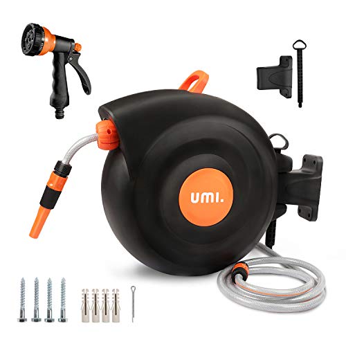 Amazon Brand - Umi Carrete de Manguera de Jardín 25M, 1/2" y 3/4" BSP, Soporte de Pared Rotación de 180 °, Sistema de Rebobinado Automático con Bloqueo de Cualquier Longitud, Portamangueras Pared