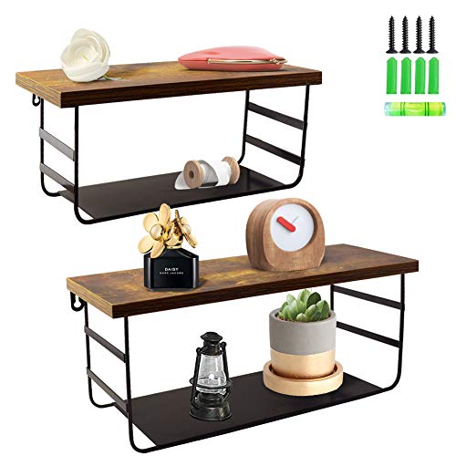 Amazon Brand - Umi Estanteria de Pared, Estante Flotante Rústico de Madera con 2 Capas, Decoración del Hogar y Oficina, Organizador de Cocina, Salón, Habitación(Negro), Juego de 2