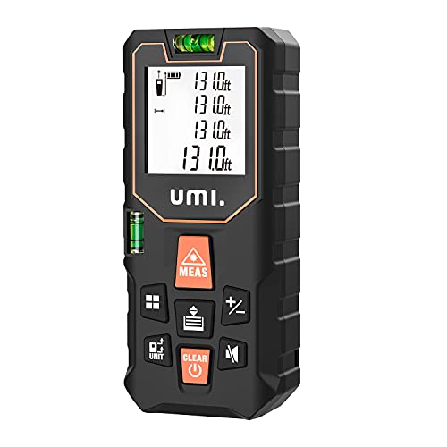 Amazon Brand – Umi Medidor Laser, 40M/131Ft Metro Laser, Telemetro Laser IP54 con 2 Niveles de Burbuja, Precisión de ±2 mm, Gran Pantalla LCD Retroiluminada, Botón de Silencio