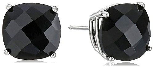 Amazon Collection Pendientes de tuerca de ónix de oro blanco de 14 quilates, talla cojín de 8 mm, con piedra natal de diciembre para mujer
