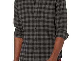 Amazon Essentials - Camisa de franela a cuadros de manga larga y ajuste regular para hombre, Gris (Charcoal Buffalo Plaid), US S (EU S)