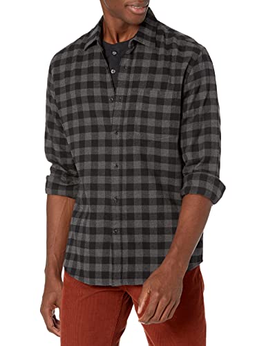 Amazon Essentials - Camisa de franela a cuadros de manga larga y ajuste regular para hombre, Gris (Charcoal Buffalo Plaid), US S (EU S)