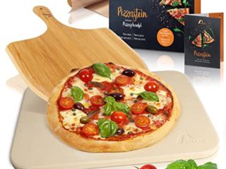 Amazy Piedra para pizza (38 x 30 x 1,5 cm) + Pala de Bambú + Papel Horno Reutilizable + Instrucciones - Dele a su pizza el original sabor italiano al horno de leña.