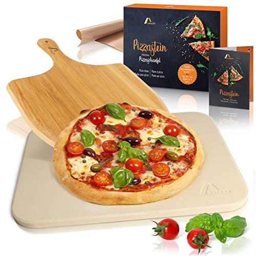 Amazy Piedra para pizza (38 x 30 x 1,5 cm) + Pala de Bambú + Papel Horno Reutilizable + Instrucciones - Dele a su pizza el original sabor italiano al horno de leña.