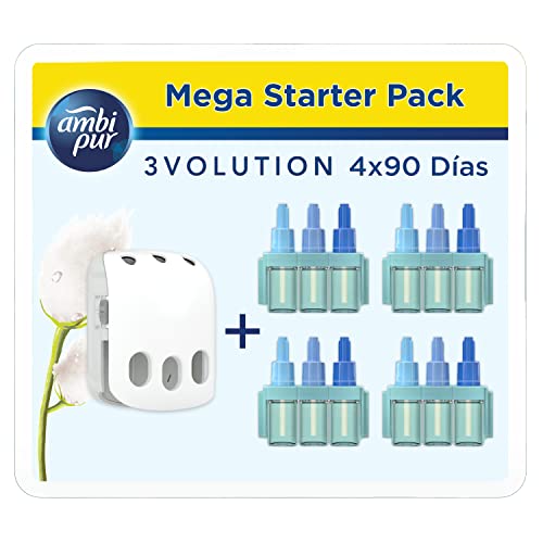 Ambi Pur 3Volution Ambientador Casa, Aparato Eléctrico con 4 Recambios (4 x 90 Días), Nubes de Algodón, Mega Pack