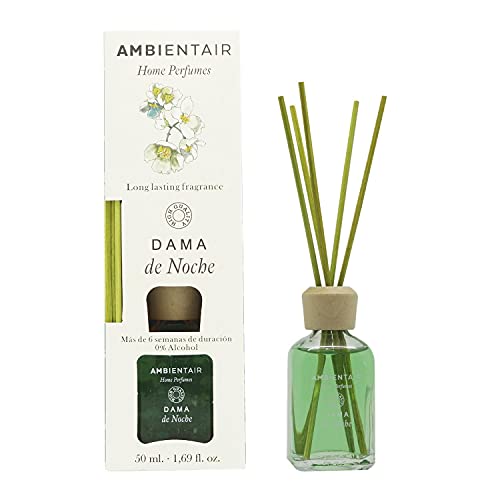 Ambientair Home Perfumes. Difusor de Varillas perfumadas. Ambientador Mikado Dama de Noche. Difusor 50 ml con palitos de ratán. Ambientador sin Alcohol para casa.