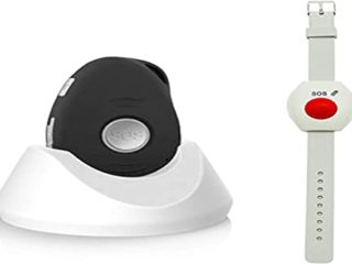 AMG Sicherheitstechnik 900766-1 a Prueba de Salpicaduras, Llamada de atención, Alarma de Radio Senior | con Collar + transmisor de Correa para la muñeca y estación de Carga