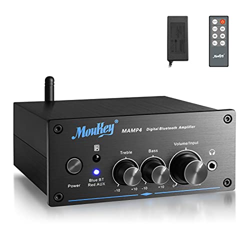 Amplificatore di Potenza Bluetooth 2 x 100 W, Moukey Receptor de Potencia de Audio estéreo 5.0, 2 Canales con Control Remoto / Fuente de alimentación para Altavoces pasivos, PC, TV, DVD-MAMP4