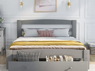 AMZOLNE Cama Doble Madera con cajones y somier de Lamas para Adultos Adolescentes Dormitorio habitación de Invitados Hotel Muebles Cama de 140x200 cm Cama para jóvenes la licenciatura