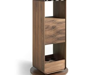 Angel CERDÁ | Mueble Bar Circular Madera Nogal, Giratorio 360º, con Tres Cajones Sistema Push y Cierre Soft-Closing, con Soporte para Copas, Espacio Interior 6 Botellas, Estilo Moderno
