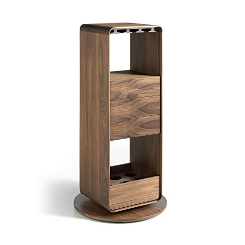 Angel CERDÁ | Mueble Bar Circular Madera Nogal, Giratorio 360º, con Tres Cajones Sistema Push y Cierre Soft-Closing, con Soporte para Copas, Espacio Interior 6 Botellas, Estilo Moderno