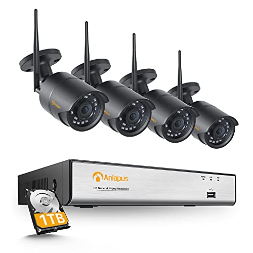 Anlapus Kit de Cámara de Vigilancia WiFi Exterior 8CH H.265+ Video Grabador NVR Inalámbrico con (4) 2MP Cámara de Seguridad Interior, Alarma de Movimiento, 1TB Disco Duro