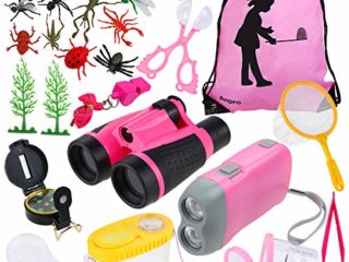 Anpro 25 en 1 Juguetes para Exploraciones de Naturaleza Aventurera para Niños, Binoculares, Silbato, Lupa, Brújula, Regalo para Niños,(Rosado)