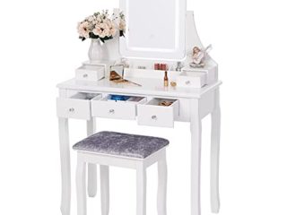 ANWBROAD Juego de Tocador LED Escritorio Grande de Maquillaje con Taburete Almohadillas Espejo sin Marco Blanco 5 cajones y 2 separadores Organizador extraíble Almacenamiento de Joyas para BDT01W