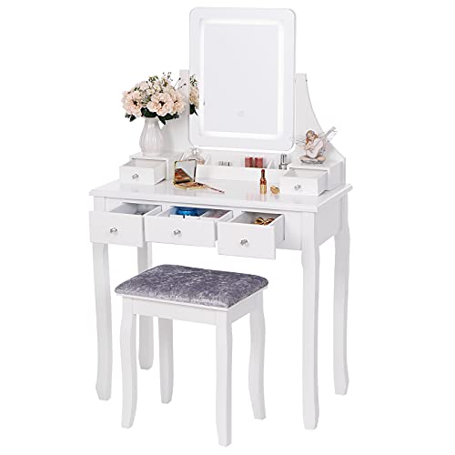 ANWBROAD Juego de Tocador LED Escritorio Grande de Maquillaje con Taburete Almohadillas Espejo sin Marco Blanco 5 cajones y 2 separadores Organizador extraíble Almacenamiento de Joyas para BDT01W