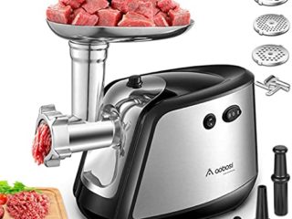 Aobosi Picadora de Carne Eléctrica, 1200W Max, 3 in 1 Salchicha y Máquina Picadora Carne con 3 Placas de Molienda,Embutidora de Salchichas, Función inversa, Motor de cobre, Acero Inoxidable Cuerpo