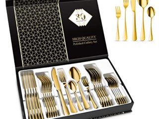 Aoeeppa Juego de Cubiertos Acero Inoxidable 30 Piezas, Cubertería de Mesa para 6 Personas, Pulido Espejo, Set Cubiertos con Cuchillo, Tenedor, Cuchara, Cucharilla, Tenedor Postre (Oro)