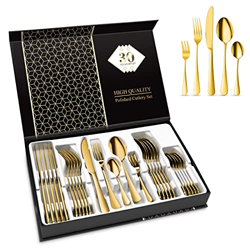Aoeeppa Juego de Cubiertos Acero Inoxidable 30 Piezas, Cubertería de Mesa para 6 Personas, Pulido Espejo, Set Cubiertos con Cuchillo, Tenedor, Cuchara, Cucharilla, Tenedor Postre (Oro)