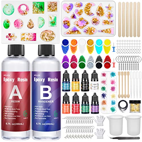 AOLLEN Resina Epoxi Kit 2 partes 400ml, Resina Epoxi Transparente Manualidades, Moldes Resina Epoxi con Flores Secas, Purpurina, Pigmento, Hoja de Oro, para hacer Colgante, Joyas, Llavero