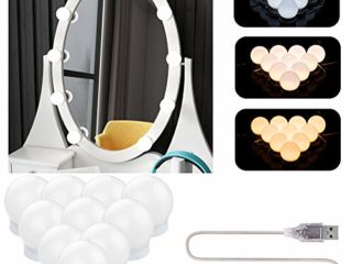 Aourow Luces de Espejo Maquillaje,Diseño de Cable USB Luz de Tocador LED con Interruptor y 10 Bombillas Regulables,5 Modos de Color y 6 Brillo (Sin Espejo y Cargador USB)