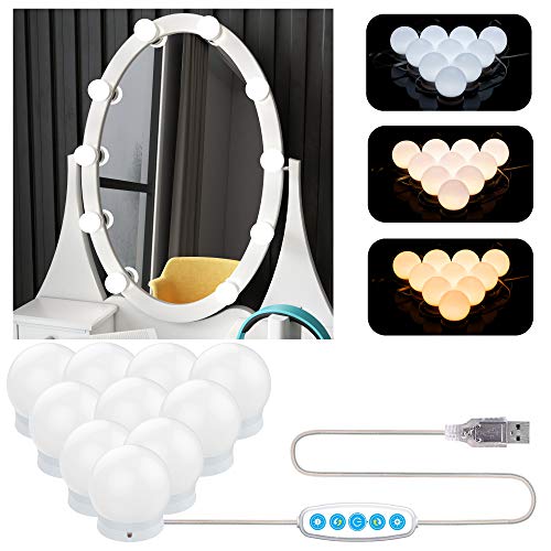 Aourow Luces de Espejo Maquillaje,Diseño de Cable USB Luz de Tocador LED con Interruptor y 10 Bombillas Regulables,5 Modos de Color y 6 Brillo (Sin Espejo y Cargador USB)