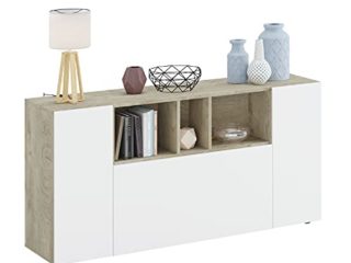 Aparador 3 Puertas, Buffet para salón, Armario Auxiliar, Modelo Loira, Acabado en Roble Alaska y Blanco Artik, Medidas: 150 cm (Ancho) x 76 cm (Alto) x 41 cm (Fondo)