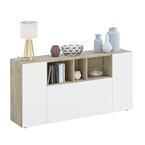 Aparador 3 Puertas, Buffet para salón, Armario Auxiliar, Modelo Loira, Acabado en Roble Alaska y Blanco Artik, Medidas: 150 cm (Ancho) x 76 cm (Alto) x 41 cm (Fondo)
