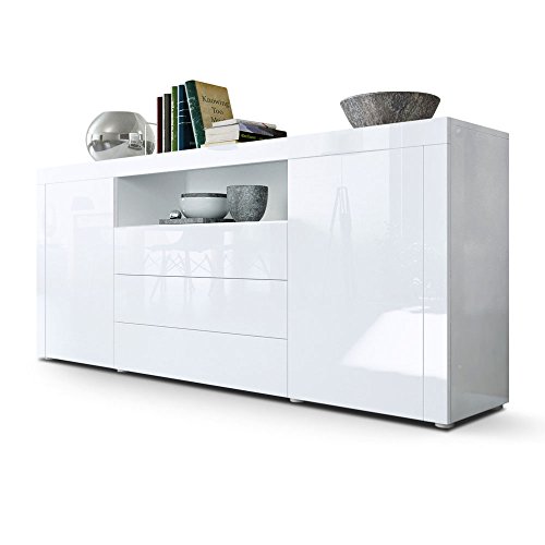 Aparador Cómoda Santiago, Cuerpo en Blanco de Alto Brillo/Frentes en Blanco de Alto Brillo y Blanco de Alto Brillo