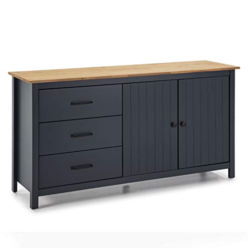Aparador Mora 3 cajones y 2 Puertas, Color Azul, Madera de Pino Macizo, 150 cm (Largo) 40 cm (Profundo) 80 cm (Alto)