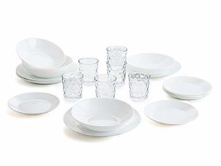 Arcopal - Vajilla blanca completa para 6 personas 18 piezas + Set de 6 vasos de vidrio 26cl