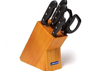 Arcos Maitre - Juego de Cuchillos 5 piezas (4 Cuchillos de Cocina + 1 Tijeras de Cocina), Acero Inoxidable NITRUM, Mango Polipropileno, Bloque madera, Color Marrón