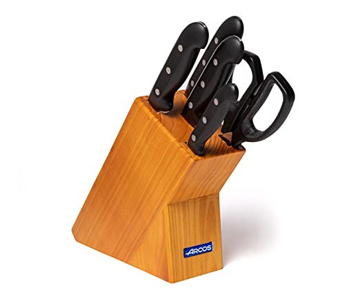 Arcos Maitre - Juego de Cuchillos 5 piezas (4 Cuchillos de Cocina + 1 Tijeras de Cocina), Acero Inoxidable NITRUM, Mango Polipropileno, Bloque madera, Color Marrón