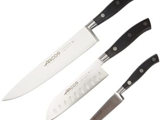 Arcos Serie Riviera, Juego Cuchillos Cocina 3 piezas, 1 Cuchillo Mondador + 1 Santoku + 1 Cuchillo de Chef, Hoja de Acero Inoxidable Forjado Nitrum, Mango de Polioximetileno, POM, Color Negro