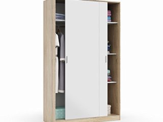 Armario 2 Puertas Correderas y Estantes, para Dormitorio o Habitacion, Modelo MAX, Acabado en Blanco Artik y Roble Canadian, Medidas: 120 cm (Largo) x 200 cm (Alto) x 50 cm (Fondo)