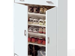 Armario Auxiliar Zapatero Multiusos Blanco Alto Brillo, estantes Regulables, cajón con guías metálicas y Tiradores Metalizados para Almacenamiento. 101cm Alto x 75cm Ancho x 37cm Fondo