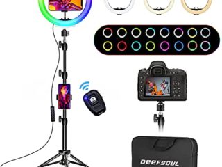 Aro De Luz con Tripode Alto, DEEFSOUL Anillo De Luz LED 10.2'' para Movil con 35 Modos RGB, 3 Efectos de Iluminación y 10 Brillo Ajustable, Se Pueden Usar para Disparos TikTok/Twich Live