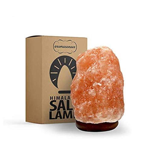Aromasenses.- Lámpara de Sal del Himalaya con Base de Madera, Cable y Bombilla - Natural 100% -Hecha a Mano (2 - 3 Kg)