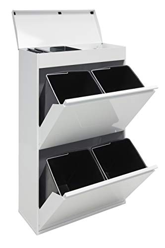 Arregui CR621-B Top Cubo de Basura y Reciclaje de Acero de 4 Cubos y Bandeja Superior Multiusos, Blanco, 97,5 x 58,6 x 24,4 cm