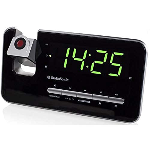 Audiosonic Smartwares CL-1492, Reloj despertador con dos alarmas, radio FM, proyector