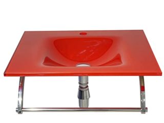 AUKERA HOUSE Lavabo en cristal templado. Conj. RAINBOW CRISTALPACK en 58 x 43,5 Rectangular. Válvula, Sifón, Toallero y Soporte. Rojo