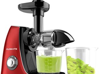 AUMATE Slow Juicer - Licuadora de zumo, verduras y frutas, con motor silencioso y cepillo de limpieza, fácil de limpiar con cepillo y recetas (150 W) (Red)