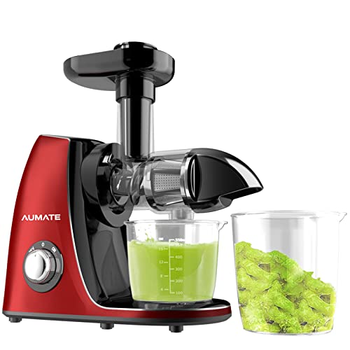 AUMATE Slow Juicer - Licuadora de zumo, verduras y frutas, con motor silencioso y cepillo de limpieza, fácil de limpiar con cepillo y recetas (150 W) (Red)