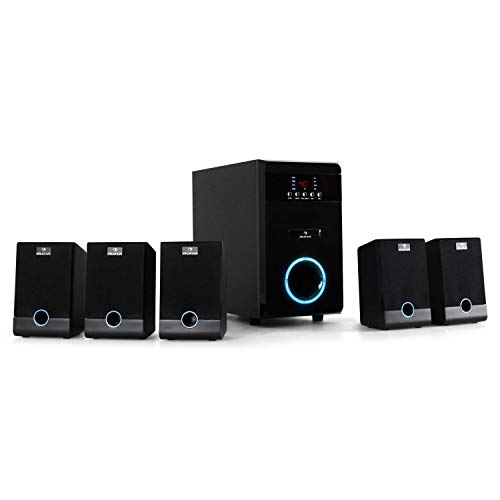 auna MM-5.1-JW - Sistema de Sonido Envolvente 5.1, 95 vatios de Potencia RMS, Home Cinema, Sonido Surround, Timer programable, Efecto de iluminación LED Azul, Función Mute, Antracita