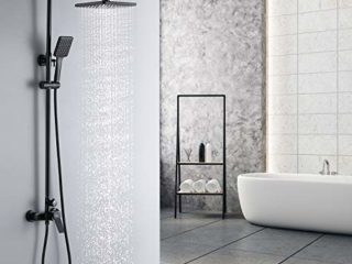 Auralum Columna Ducha Negro para Baño Set Ducha Monomando Conjunto de Ducha Completo con Mezclador Ducha de Lluvia y Ducha de Mano Altura Ajustable