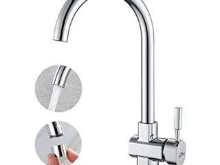 Auralum Grifo Cocina con Aireador Desmontable, 260mm Caño Alto, 360° Grifo Cocina Monomando Agua Frío y Calor Disponibles, Cromo Grifo Mezclador de Fregadero