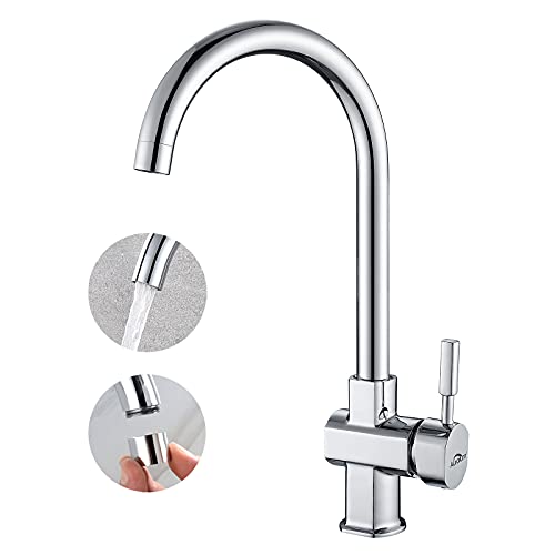 Auralum Grifo Cocina con Aireador Desmontable, 260mm Caño Alto, 360° Grifo Cocina Monomando Agua Frío y Calor Disponibles, Cromo Grifo Mezclador de Fregadero