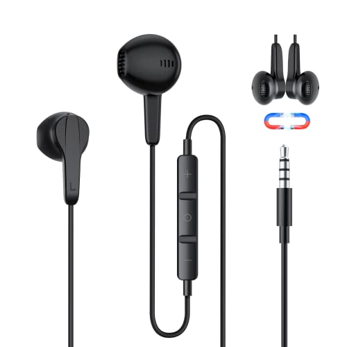 Auriculares con Cable y Micrófono Jack de 3,5 mm Magnéticos in Ear Estéreo Control de Volumen Cascos Compatible con Android i-Phone Sam-Sung Hua-wei Xiao-mi MP3 MP4 Tablet PC Negro